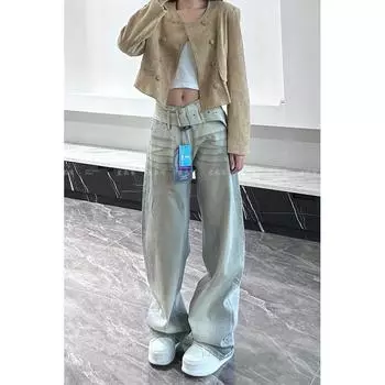 Fashion Retro Design Niche Style Belt Denim Female Summer New Arrival Sexy Worn Looking Washed-out Dirty Dyed Mop Pants Dirty pants M