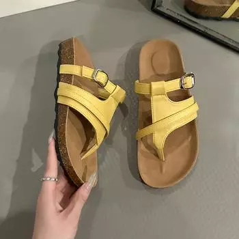 Fashion retro design sense girls toe cool slippers outside wearing flip-flops summer new one-word Roman sandals 35