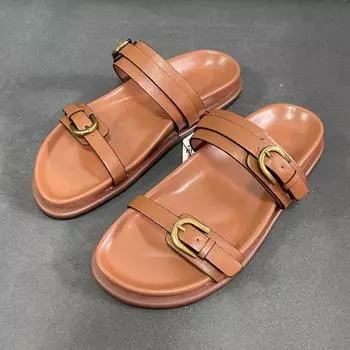 Модные женские сандалии на плоской подошве в стиле ретро с металлической пряжкой 2024 года, летняя пляжная обувь для женщин из мягкой искусственной кожи с толстой подошвой 37 коричневый