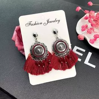 Fashion retro ethnic style fringed earrings, female versatile temperament ancient silver circle earrings simple earrings красный