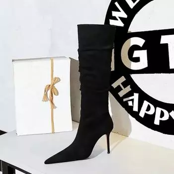 Fashion Retro European American Winter Women s Fashion Boots 2024 Super High Heel Slender Heel Wrinkled Suede Pointed Banquet Long Boot 34