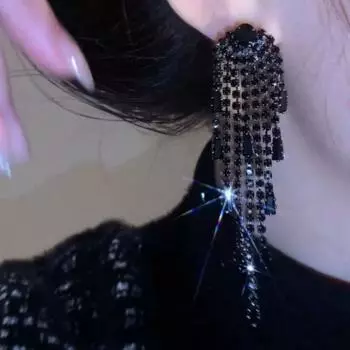 Fashion Retro Face Slimming Black Zircon Tassel Earrings Online Influencer Refined Long High-Profile Earrings Frosty Style Earrings Black Zircon tassel earrings B304