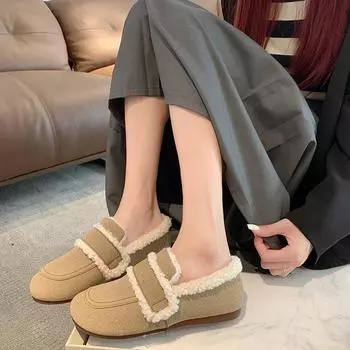 Fashion Retro Flat Bottomed Women s Shoes 2024 Autumn and Winter Thick Plush Cotton Shoes with Soft Soles Casual Boken Single Shoes Traf 35 хаки
