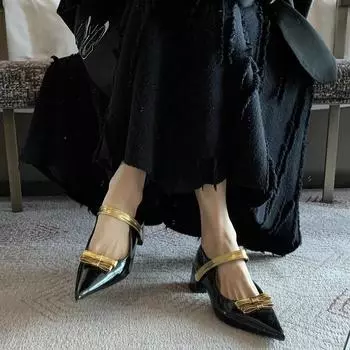 Fashion Retro Golden Strap Thick Heel Women Mary Jane Shoes Fashion Shallow Pointed Toe Single Shoes Ladies Comfort Office Pumps Zapatos 35 золотой