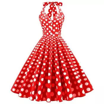 Fashion Retro Hong Kong Style S Sense Elegant V Neck Polka Dot Dots Halterneck Backless Slim Fit Mid-Length Dress Dance Red M