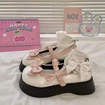 Fashion Retro Mary Jane Thick Soled Height Increasing Loafers 2025 New Casual Fashion Lolita Bow Platform Cosplay Uniform Party Shoes 35 белый