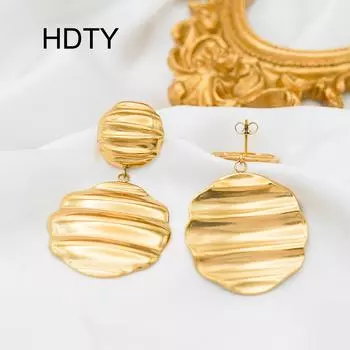 Fashion retro niche design round wavy pendant earrings 18k gold titanium steel light luxury earrings золотой