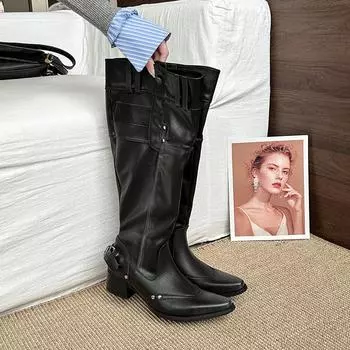 Fashion retro riveted babes boots women s new summer big tube circumference boots children pointed thick heel thin pile boots 35