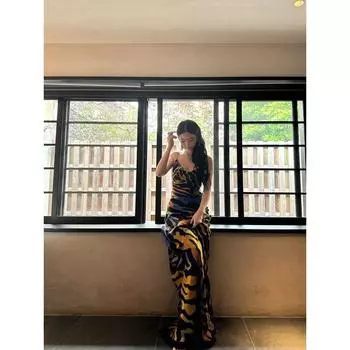 Fashion Retro Sexy Printing Slip Dress Female Summer Sexy Pure Desire Pile Collar Open Back Hip Bag Fishtail Dress Color S
