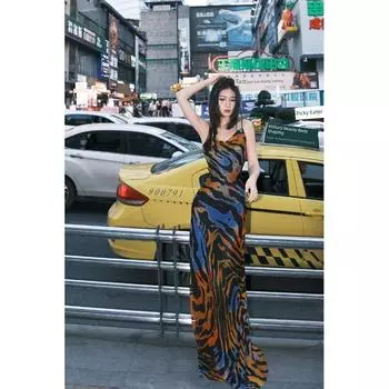 Fashion Retro Sexy Printing Slip Dress Female Summer Sexy Pure Desire Pile Collar Open Back Hip Bag Fishtail Dress Color S