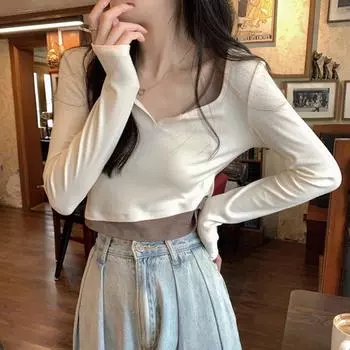 Fashion Retro Sexy Wind Fake Two-Piece Long Sleeves Bottoming Shirt Autumn and Winter Slimming V-neck Midriff-Baring Jazz Dancing Tops Women Apricot S