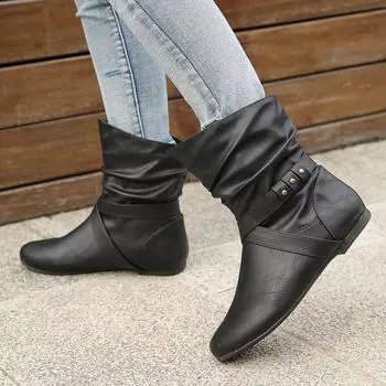 Fashion Retro Short Boots Women s Shoes Fashion Flat Bottom Pleated Boot Middle Barrel Stacked Boots Women Retro Ladies Shoes black 36