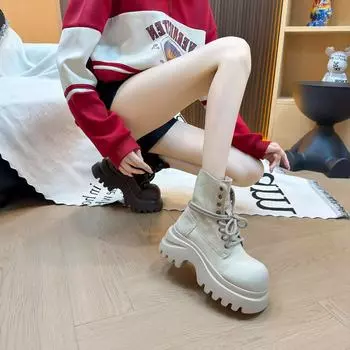 Fashion retro solid color lace-up platform fashion boots women s autumn and winter new short boots Martin boots versatile boots 40