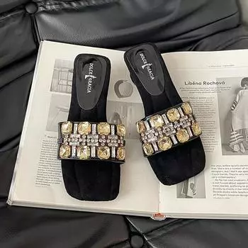 Fashion retro square head rhinestone high heel with cool slippers women s summer casual sandals wear thick heel cool slippers 35