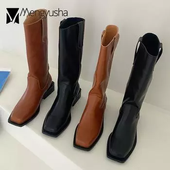 Fashion Retro Square toe knight botas female low heels motorcycle boots women pu leather shoes solid slip on mid-calf booties femme 5 чёрный