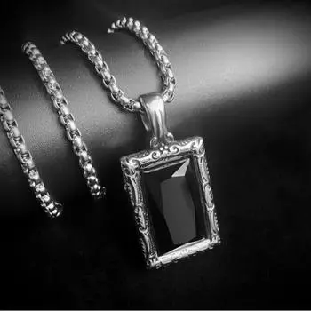 Fashion Retro Stainless Steel Titanium Steel Necklace Ornament Carved Big Black Gem Domineering Totem Stylish Not Men s Fashion Ornament [Carved black gem] thick beads 60cm