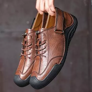 Fashion Retro Style Men Casual Leather Shoes Handmade Comfortable Hiking Shoes Lightweight Casual Outdoor Male Hiking Footwear Trainers 38 хаки