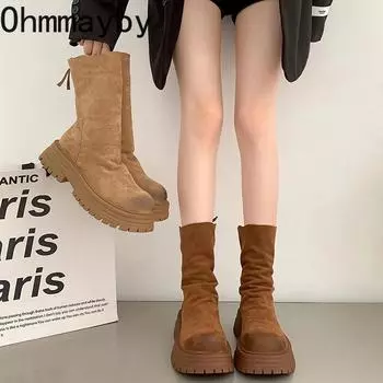 fashion Retro Style Sewing Women Slim Ankle Boots Fashion Back Zippers Shoes Autumn Winter Thick Heel Ladies Short Booties 35 хаки