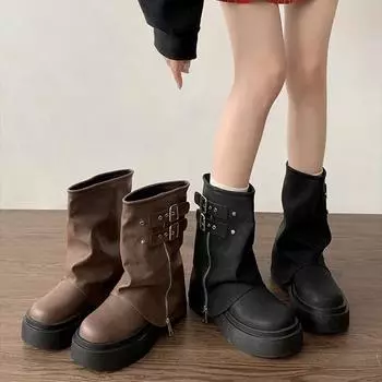 fashion Retro Style Women Western Cowgirl Boots Fashion Belt Buckle Shoes Autumn Winter Platform Flats Ladies Knight Short Booties 35 коричневый