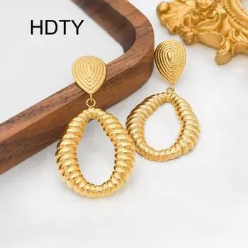 Fashion retro temperament water drop-shaped texture hollow earrings titanium steel plated 18k gold exaggerated earrings золотой