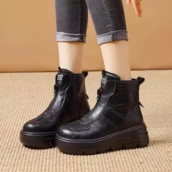 Fashion Retro Thick Bottom Martini Women Winter Short Boots Front Zipper Anti-slip Flocking Cotton Boots Women 35 коричневый