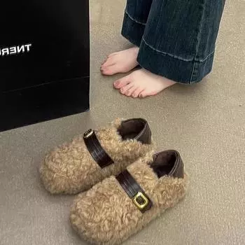 Fashion retro versatile Doudou cotton shoes women s 2024 autumn and winter new soft-soled thin shoes with a pedal on shit 35 чёрный