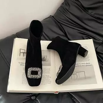 Fashion retro versatile rhinestone square buckle square head suede women s new autumn and winter thick heel heightening medium boots 35