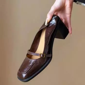Fashion Retro Women s Pumps Soft Leather Square Head Belt Buckle Shallow Thick High Heeled Mary Jane Shoe Brown/Black Zaptos Mujer 35 чёрный