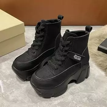Fashion Retro Women s Sneakers High Quality Leather Platform Lace Up Round Head Mixed Colors High-top Increase Height Wedges Sport Shoes 35 чёрный