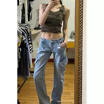 Fashion Retro Worn Looking Washed-out Light Color Cargo Pants Female 2025 Summer Sexy Stylish Figure Flattering Mopping Pants Jeans XL