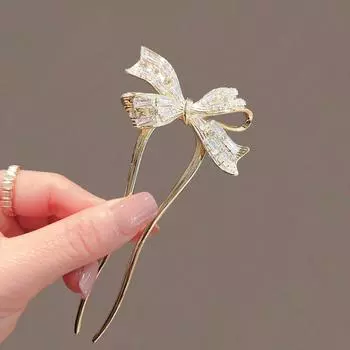 Fashion Retro Zirconia Bow Hair Stick New Elegant Ladies U-shaped Plate Hair Buckle Ponytail Clip Headdress Hair Accessories