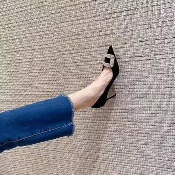 Fashion rhinestone buckle pointed high heels spring and autumn single shoes 2024 new temperament shallow mouth pointed thin heel women s shoes 34 чёрный