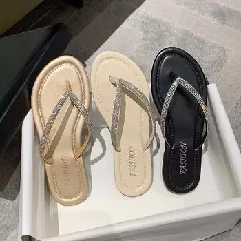 Fashion Rhinestone Slippers Women New Summer Shoes Women Fashion Bling Flip Flops Soft Comfort Flat with Slippers Gold Beach Sandals 36