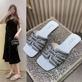 Fashion rhinestone slippers women s flat bottom square head 2025 summer new foreign trade large size light cool slippers 35 коричневый