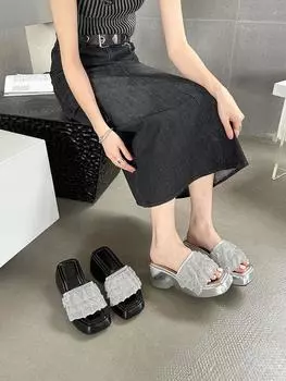 fashion Rhinestone Women Slippers Summer Outside Party Pumps Wedge High Heels Black Silver Dress Shoes Woman Size 35-39 Slip On Pumps 5.5 чёрный