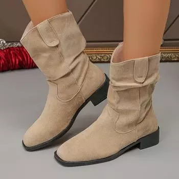 fashion Rimocy Women s Fashion Thick Heels Ankle Boots Khaki Flock Slip On Western Boots Woman Spring Autumn Stylish Short Botas Mujer 35 чёрный