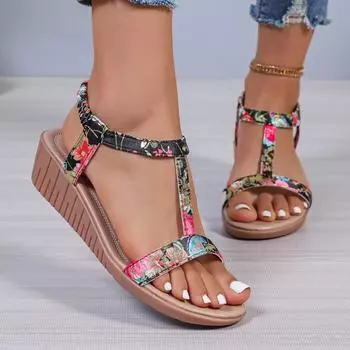 Fashion Rimocy Women Wedges Bohemian Sandals Summer 2024 Flower Non Slip Beach Sandalias Mujer Elastic Band Low Heels Roman Shoes Woman 35 синий
