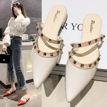 Fashion rivet bag head half slippers women s outer wear 2025 spring new versatile low-heeled pointed thick-heeled cool slippers summer 35 чёрный