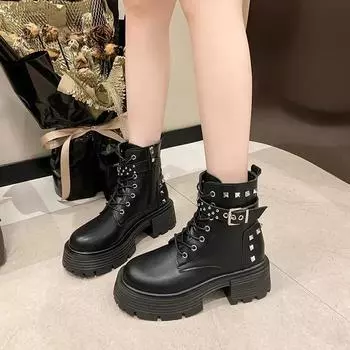 fashion Rivet Square Heel Mid Heel Modern Boots Ankle Lace-up Round Toe 2024Hot Sale Shoes Female Spring/autumn Solid Punk Women s Boots 35 чёрный