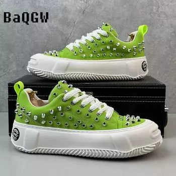 Fashion Rivets Patchwork Designer Sneakers for Men Casual Green Luxury Shoes Hip Hop Skateboard Shoes Zapatillas Hombre 38 зелёный