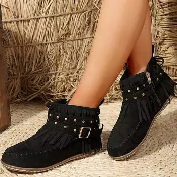 Fashion Rivets Western Ankle Boots Women Autumn New Retro Faux Suede Buckle Cowboy Boots Woman Plus Size 43 Flat Heel Botas 36 бежевый