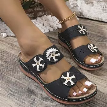 fashion Roman Floral Decoration Women s Wedge Slippers Women Casual Thick Bottom Slides Summer Slip On Ladies Sandals Plus Size 43 36 чёрный