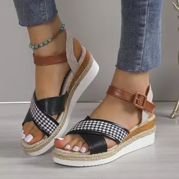 Fashion Roman Sandals 2024 Summer New Wedge Heel Casual Women Thick Soled Comfortable Breathable Versatile Elevated Women s Shoes 35 коричневый