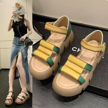 Fashion Roman Sandals Women s 2024 Summer New Platform Fashion Sole Sole Open Toe Beach Shoes Colored Thick Sole Sports Flat Sandals 35