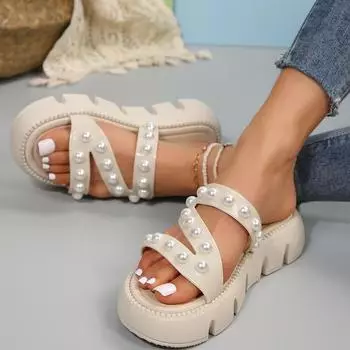 Fashion Roman Style Thick Sole Slippers Ins Women s Summer Outerwear Fashion 2024 New Straight Line Thick Sole Sponge Cake Sandals 36 белый