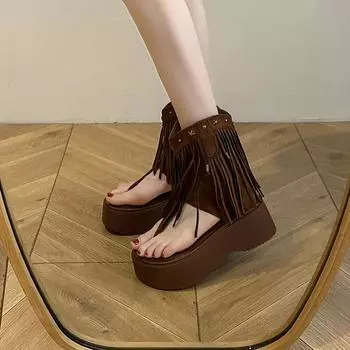 Fashion Roman toe fringed sandals women s 2024 new summer open-toed side zipper inner height-increasing cool boots women 35 чёрный