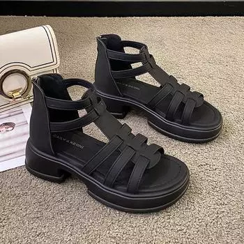 Модные римские сандалии, летние, новые, с толстой подошвой, босоножки с вырезом «рыбий рот», ажурные, ретро, женские туфли, повседневные, на платформе, на среднем каблуке, сандалии 35 чёрный