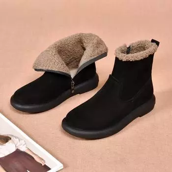 Fashion round head snow boots autumn and winter new casual flat bottom thick velvet short boots first layer cowhide warm women s leather boots 35