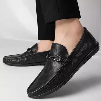 Fashion Round headed men s loafers Luxury genuine leather men s Outdoor leisure business Comfortable gentlemen s Slip on shoes 38 чёрный