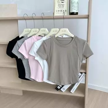 Модная облегающая укороченная футболка с круглым вырезом, женская футболка с коротким рукавом, женская летняя элегантная повседневная футболка для офиса, простая футболка 24239 S розовый